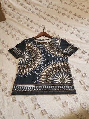 Tory Burch Navy Floral Medallion Short Sleeve Tee with Brown Accents